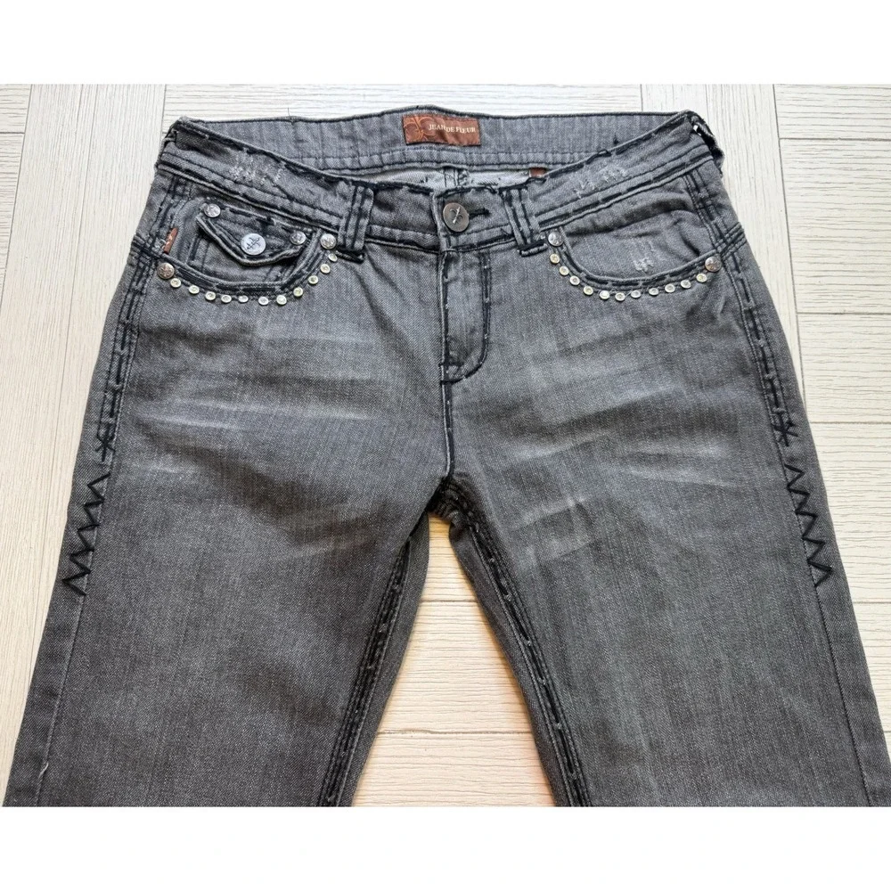 Jeans De Fleur Womens 7 Black Denim Embellished Mid Rise Bootcut‎ Jeans Retro